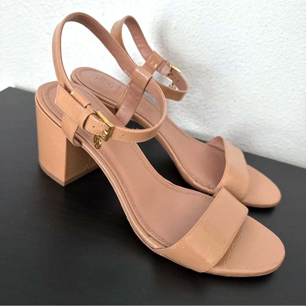 Tory Burch Women's Laurel Patent Leather Ankle Strap Sandals Block Heel